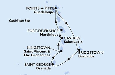 Martinik, Guadeloupe, Barbados, Grenada, Svatý Vincenc a Grenadiny, Svatá Lucie z Fort-de-France, Martinik na lodi MSC Seaside