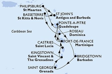 Martinik, Guadeloupe, Svatý Martin, Antigua a Barbuda, Svatý Kryštof a Nevis, Dominika, Barbados, Grenada, Svatý Vincenc a Grenadiny, Svatá Lucie z Fort-de-France, Martinik na lodi MSC Seaside