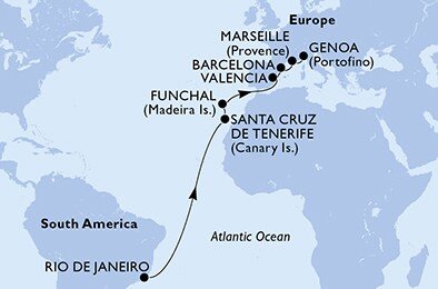 Brazílie, Španělsko, Portugalsko, Francie, Itálie z Rio de Janeira na lodi MSC Seashore