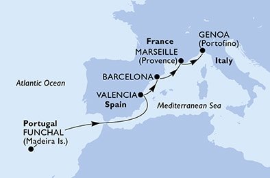 Portugalsko, Španělsko, Francie, Itálie z Funchalu na lodi MSC Seashore