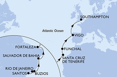 Brazílie, Španělsko, Portugalsko, Velká Británie ze Santosu na lodi MSC Preziosa