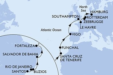 Brazílie, Španělsko, Portugalsko, Velká Británie, Francie, Belgie, Nizozemsko, Německo ze Santosu na lodi MSC Preziosa