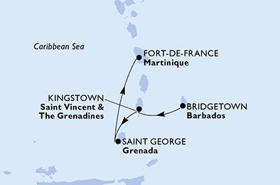 Barbados, Svatý Vincenc a Grenadiny, Grenada, Martinik z Bridgetownu na lodi MSC Seaside