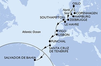 Německo, Dánsko, Norsko, Belgie, Francie, Velká Británie, Španělsko, Portugalsko, Brazílie z Hamburku na lodi MSC Preziosa