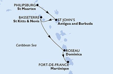 Svatý Martin, Antigua a Barbuda, Svatý Kryštof a Nevis, Dominika, Martinik z Philipsburgu na lodi MSC Seaside