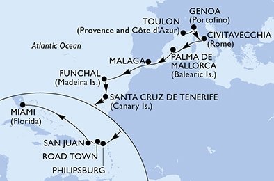 Francie, Itálie, Španělsko, Portugalsko, Svatý Martin, Britské Panenské ostrovy, USA z Toulonu na lodi MSC Magnifica