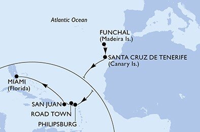 Portugalsko, Španělsko, Svatý Martin, Britské Panenské ostrovy, USA z Funchalu na lodi MSC Magnifica
