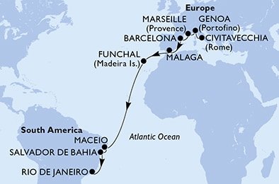 Itálie, Francie, Španělsko, Portugalsko, Brazílie z Civitavecchia na lodi MSC Grandiosa