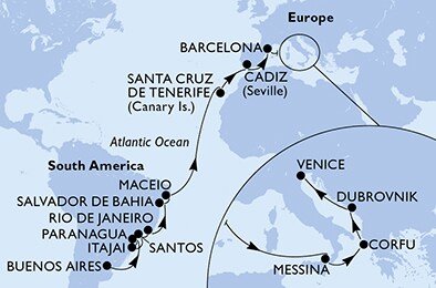 Argentina, Brazílie, Španělsko, Itálie, Řecko, Chorvatsko z Buenos Aires na lodi MSC Lirica