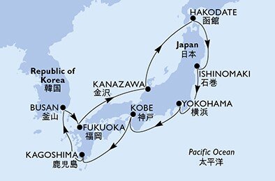 Japonsko, Jižní Korea z Kobe na lodi MSC Bellissima