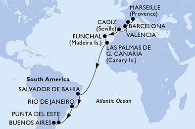 Francie, Španělsko, Portugalsko, Brazílie, Uruguay, Argentina z Marseille na lodi MSC Musica