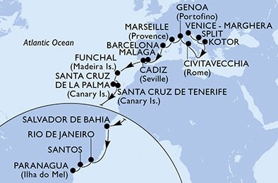 Itálie, Chorvatsko, Černá Hora, Francie, Španělsko, Portugalsko, Brazílie z Benátek na lodi MSC Lirica