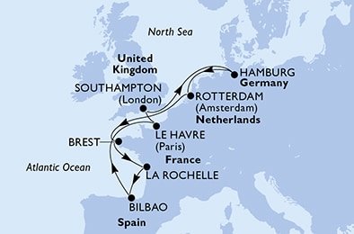 Velká Británie, Německo, Nizozemsko, Francie, Španělsko ze Southamptonu na lodi MSC Euribia