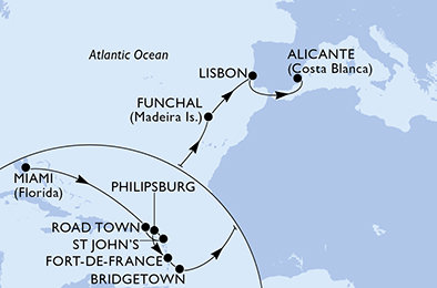 USA, Britské Panenské ostrovy, Antigua a Barbuda, Svatý Martin, Martinik, Barbados, Portugalsko, Španělsko z Miami na lodi MSC Magnifica