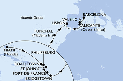 USA, Britské Panenské ostrovy, Antigua a Barbuda, Svatý Martin, Martinik, Barbados, Portugalsko, Španělsko z Miami na lodi MSC Magnifica