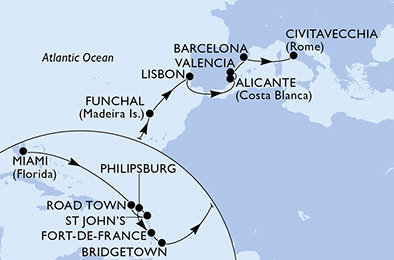 USA, Britské Panenské ostrovy, Antigua a Barbuda, Svatý Martin, Martinik, Barbados, Portugalsko, Španělsko, Itálie z Miami na lodi MSC Magnifica