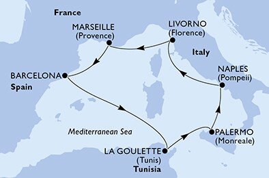 Itálie, Francie, Španělsko, Tunisko z Palerma na lodi MSC Grandiosa
