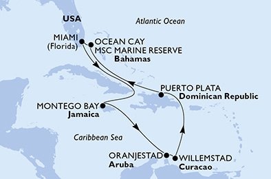 USA, Jamajka, Aruba, Curacao, Dominikánská republika, Bahamy z Miami na lodi MSC Divina