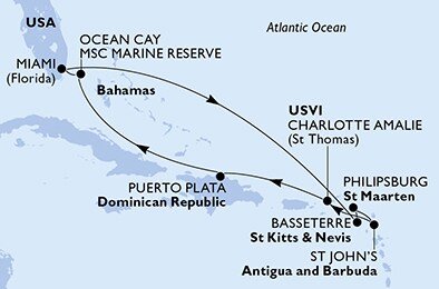 USA, Svatý Kryštof a Nevis, Svatý Martin, Antigua a Barbuda, Dominikánská republika, Bahamy z Miami na lodi MSC Divina