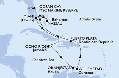 USA, Jamajka, Aruba, Curacao, Dominikánská republika, Bahamy z Miami na lodi MSC Divina