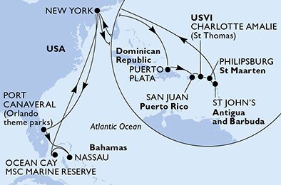 USA, Bahamy, Dominikánská republika, Svatý Martin, Antigua a Barbuda z New Yorku na lodi MSC Meraviglia