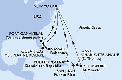 USA, Dominikánská republika, Svatý Martin, Bahamy z New Yorku na lodi MSC Meraviglia