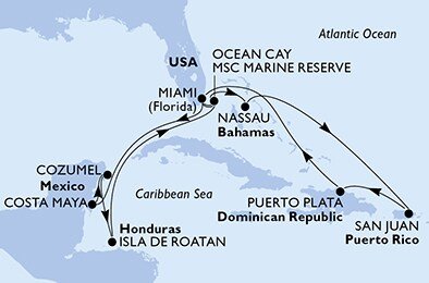 USA, Bahamy, Dominikánská republika, Mexiko, Honduras z Miami na lodi MSC Seaside