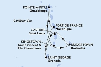 Martinik, Guadeloupe, Svatý Vincenc a Grenadiny, Barbados, Svatá Lucie, Grenada z Fort-de-France, Martinik na lodi MSC Virtuosa