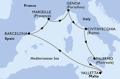 Španělsko, Francie, Itálie, Malta z Barcelony na lodi MSC World Europa