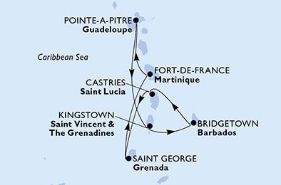 Guadeloupe, Svatý Vincenc a Grenadiny, Barbados, Svatá Lucie, Grenada, Martinik z Pointe-à-Pitre, Guadeloupe na lodi MSC Virtuosa