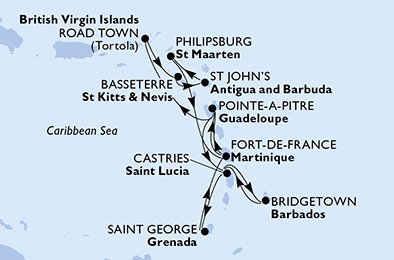 Barbados, Svatá Lucie, Grenada, Martinik, Guadeloupe, Britské Panenské ostrovy, Svatý Kryštof a Nevis, Antigua a Barbuda, Svatý Martin z Bridgetownu na lodi MSC Virtuosa