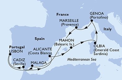 Itálie, Francie, Španělsko, Portugalsko z Olbie na lodi MSC Musica