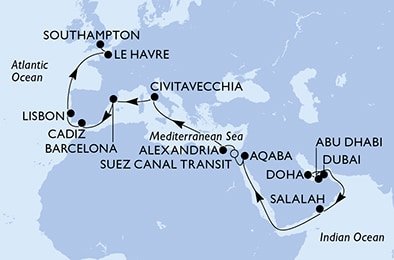 Spojené arabské emiráty, Katar, Omán, Jordánsko, Egypt, Itálie, Španělsko, Portugalsko, Francie, Velká Británie z Dubaje na lodi MSC Euribia