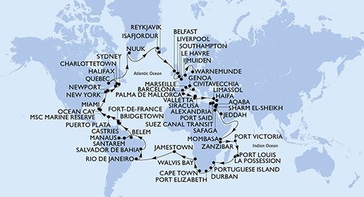 Itálie, Francie, Španělsko, Malta, Kypr, Izrael, Egypt, Jordánsko, Saúdská Arábie, Keňa, Tanzánie, Seychely, Mauricius, Reunion, Mosambik, Jihoafrická republika, Namibie, Zámořské území Velké Británie, Brazílie, Barbados, Svatá Lucie, Martinik, Dominikánská republika, Bahamy, USA, USA - Východní pobřeží, Kanada, Autonomní oblast Dánska, Island, Velká Británie, Nizozemsko, Německo z Civitavecchia na lodi MSC Poesia