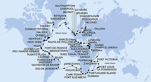 Španělsko, Itálie, Malta, Kypr, Izrael, Egypt, Jordánsko, Saúdská Arábie, Keňa, Tanzánie, Seychely, Mauricius, Reunion, Mosambik, Jihoafrická republika, Namibie, Zámořské území Velké Británie, Brazílie, Barbados, Svatá Lucie, Martinik, Dominikánská republika, Bahamy, USA, USA - Východní pobřeží, Kanada, Autonomní oblast Dánska, Island, Velká Británie, Francie, Nizozemsko, Německo, Polsko, Litva, Lotyšsko, Estonsko, Finsko, Švédsko z Barcelony na lodi MSC Poesia