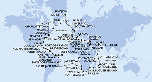 Itálie, Francie, Španělsko, Malta, Kypr, Izrael, Egypt, Jordánsko, Saúdská Arábie, Keňa, Tanzánie, Seychely, Mauricius, Reunion, Mosambik, Jihoafrická republika, Namibie, Zámořské území Velké Británie, Brazílie, Barbados, Svatá Lucie, Martinik, Dominikánská republika, Bahamy, USA, USA - Východní pobřeží, Kanada, Autonomní oblast Dánska, Island, Velká Británie z Janova na lodi MSC Poesia