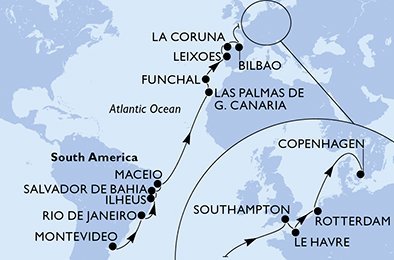 Uruguay, Brazílie, Španělsko, Portugalsko, Velká Británie, Francie, Nizozemsko, Dánsko z Montevidea na lodi MSC Poesia