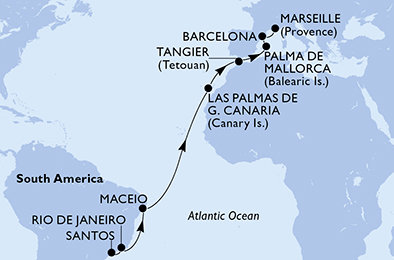 Brazílie, Španělsko, Francie ze Santosu na lodi MSC Seaview