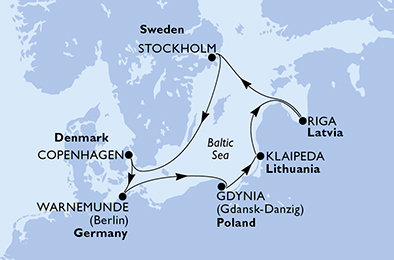 Německo, Polsko, Litva, Lotyšsko, Švédsko, Dánsko z Warnemünde na lodi MSC Poesia