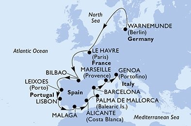 Německo, Francie, Španělsko, Portugalsko, Itálie z Warnemünde na lodi MSC Poesia