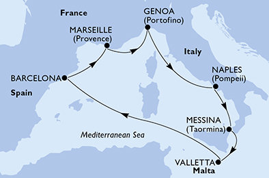 Itálie, Malta, Španělsko, Francie z Neapole na lodi MSC World Europa