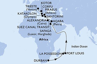 Jihoafrická republika, Reunion, Mauricius, Egypt, Jordánsko, Řecko, Černá Hora, Itálie z Durbanu na lodi MSC Fantasia