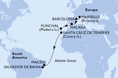 Francie, Španělsko, Portugalsko, Brazílie z Marseille na lodi MSC Grandiosa