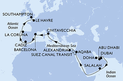 Spojené arabské emiráty, Katar, Omán, Jordánsko, Egypt, Itálie, Španělsko, Francie, Velká Británie z Dubaje na lodi MSC Euribia