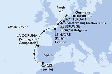 Německo, Belgie, Nizozemsko, Francie, Španělsko z Hamburku na lodi MSC Euribia