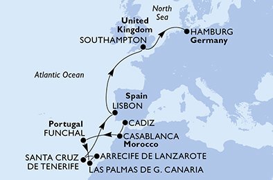 Španělsko, Maroko, Portugalsko, Velká Británie, Německo z Cadizu na lodi MSC Euribia