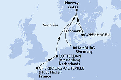 Francie, Nizozemsko, Dánsko, Norsko, Německo Cherbourgu na lodi MSC Preziosa