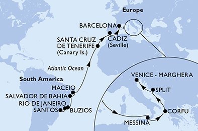 Brazílie, Španělsko, Itálie, Řecko, Chorvatsko ze Santosu na lodi MSC Armonia