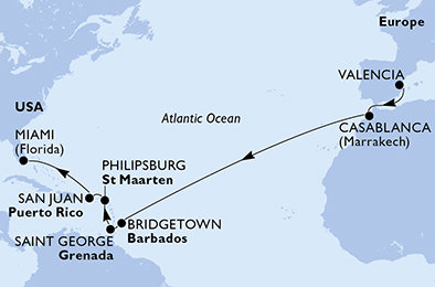 Španělsko, Maroko, Barbados, Grenada, Svatý Martin, USA z Valencie na lodi MSC Seaside
