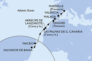Brazílie, Španělsko, Maroko, Francie ze Salvadoru na lodi MSC Grandiosa